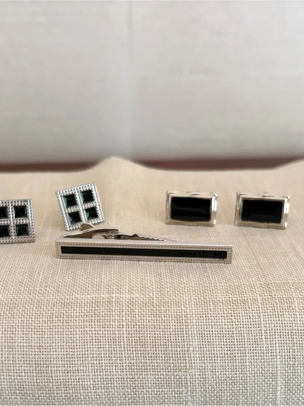 2 Sets of Silver and Black Cufflinks & Tie Bar  - Men's Accessory set
